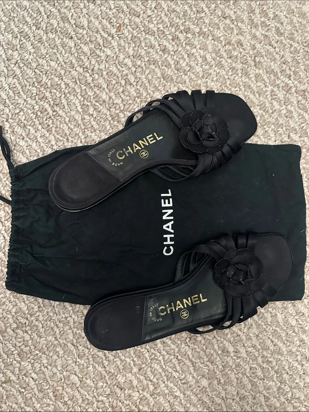 CHANEL Black Leather Camellia Slide Mules with Gold Logo Insole